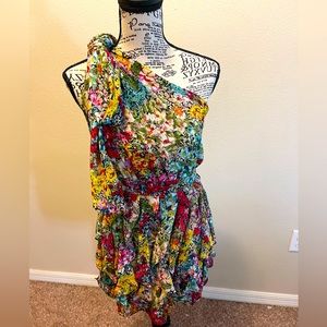 MM Couture Floral Print Dress By Miss Me, Ruffled Detail One Shoulder Dress